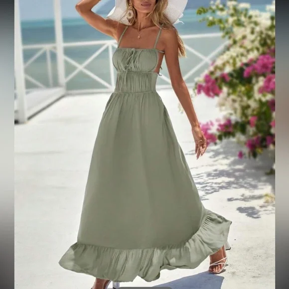 Dresses | Boho Square Neck Backless Strappy Ruffle Maxi Dress Green |  Poshmark